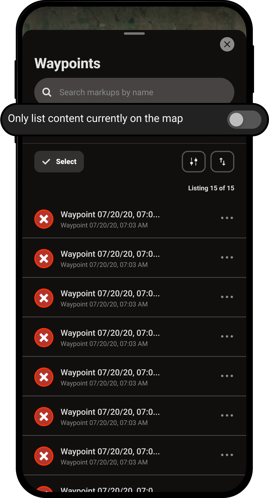 Only list content currently on the map Waypoints Menu Hunt App.png